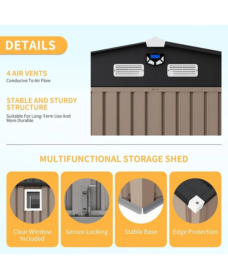 GarveeLife Outdoor Metal Storage Shed With Lockable Door Vents Windows And Integrated Solar Light For Enhanced Visibility