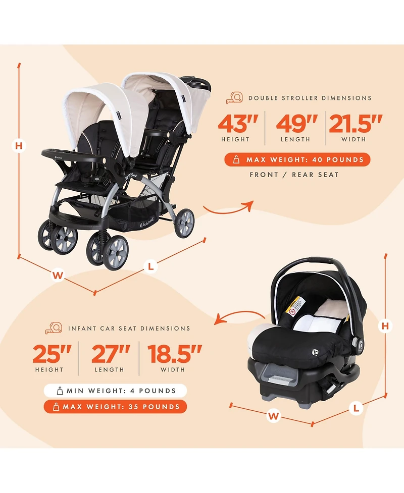 Baby Trend Sit N Stand Travel Double Baby Stroller and Car Seat Combo, Khaki