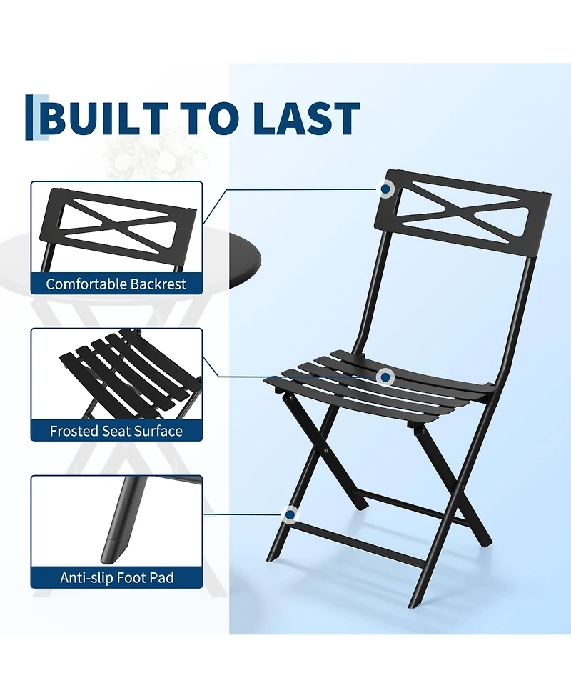 GarveeLife 3-Piece Steel Folding Bistro Set, Outdoor Patio Table and 2 Chairs Set, Round Table with Weather-Resistant Design for Balcony, Garden, Yard