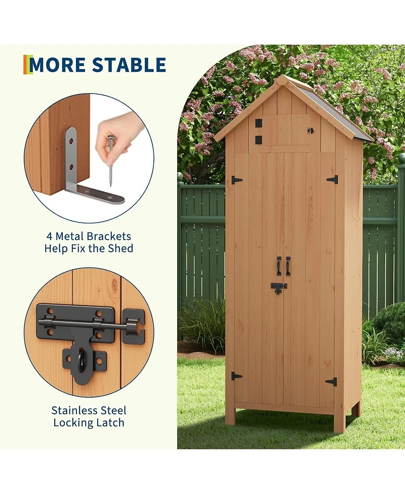 Small Natural Wood Garden Tool Storage Shed With Shelves Lockable Doors Roof Storage Compact Cabinet For Patios Backyards And Balconies