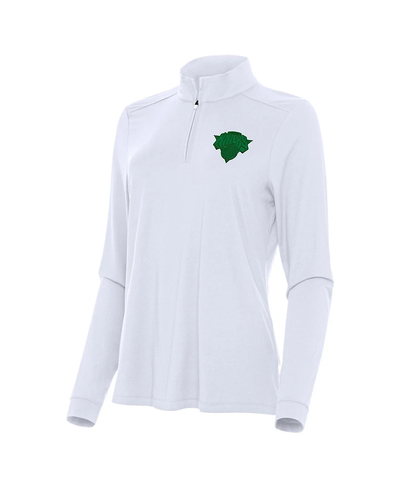 Antigua Women's White New York Knicks St. Patrick's Day Intent Quarter-Zip Sweatshirt