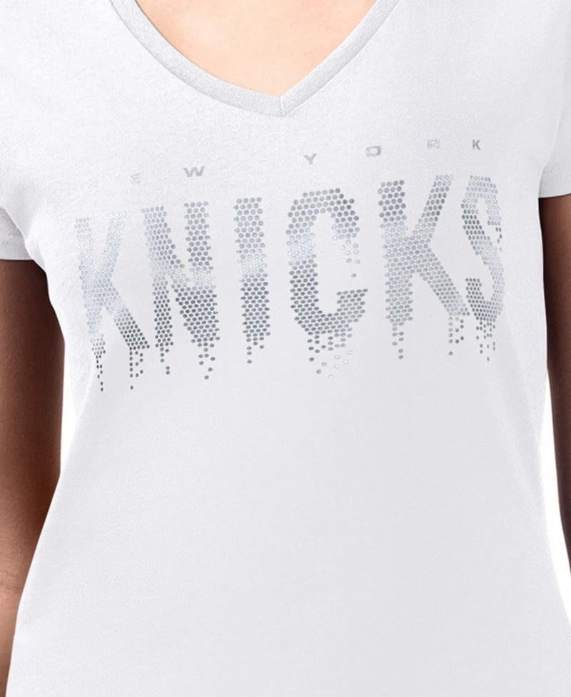 G-iii 4Her by Carl Banks Women's White New York Knicks Super-Slim-Fit Metallic Drop Lightweight V-Neck T-Shirt