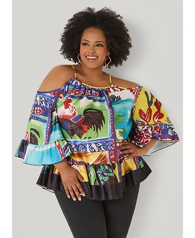 Ashley Stewart Women's Printed Satin Cold Shoulder Blouse