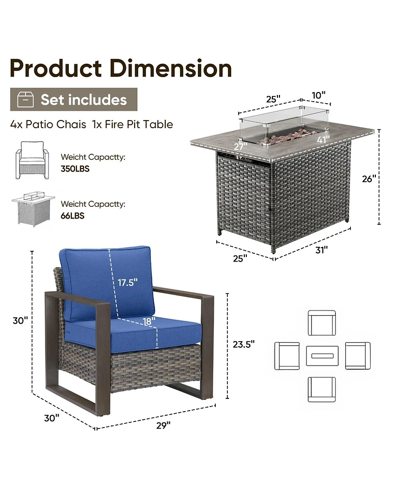 Pocassy Patio Resin Wicker Furniture Set with Fire Pit Table, Pe Rattan Swivel Patio Chairs with Propane Fire Pit Table,5PCS Patio Conversation Set