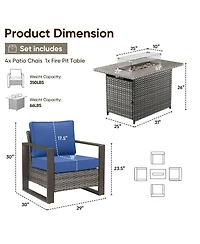 Pocassy Patio Resin Wicker Furniture Set with Fire Pit Table, Pe Rattan Swivel Patio Chairs with Propane Fire Pit Table,5PCS Patio Conversation Set