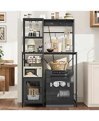 homfan Industrial Freestanding Kitchen Shelf, Bakers Rack with Refrigerator Compartment and Power Outlet, Microwave Station for Pantry Living Room