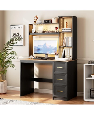 Vlsrka Modern Home Office Desk Led Lit with Drawers and Bookcase