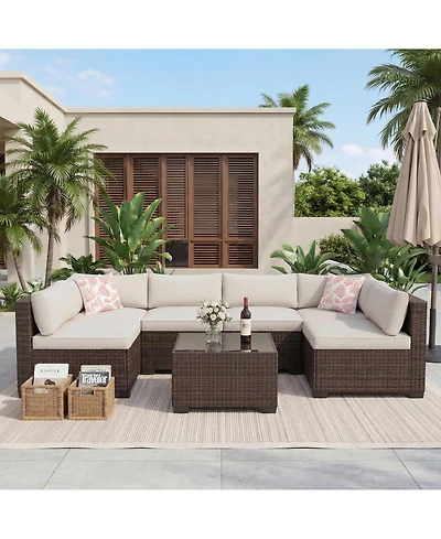 gaomon 7-Piece Wicker Patio Sectional Sofa, Outdoor Conversation Set with Washable Cushions and Glass Coffee Table for Garden Poolside Backyard