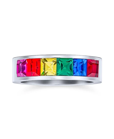 Bling Jewelry Rainbow Band Ring Cz Colorful Silver Tone Stainless Steel 8MM