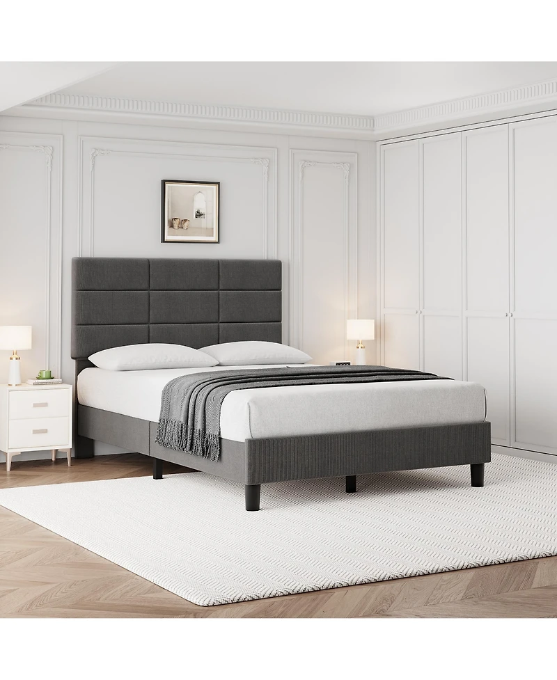 homfan Linen Upholstered Platform Bed Frame with Adjustable Headboard, Wood Slat Support, Quiet Design