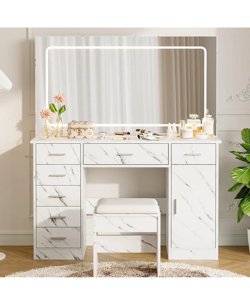 gaomon Vanity Desk with Large Led Mirror, 7 Drawers, Power Outlets, Usb Ports, Hair Dryer Holder, 3-Mode Lighting, Stool, Cabinet