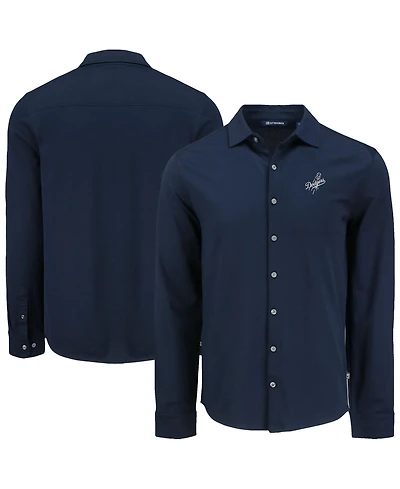 Cutter & Buck Men's Navy Los Angeles Dodgers Knitted Advantage Tri-Blend Eco Soft Pique Long Sleeve Button-Up Shirt