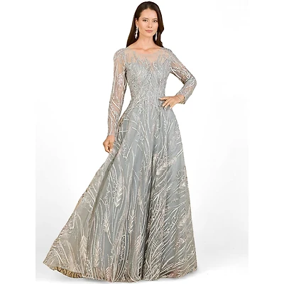 Lara Women's Long Sleeve Illusion Neck Gown