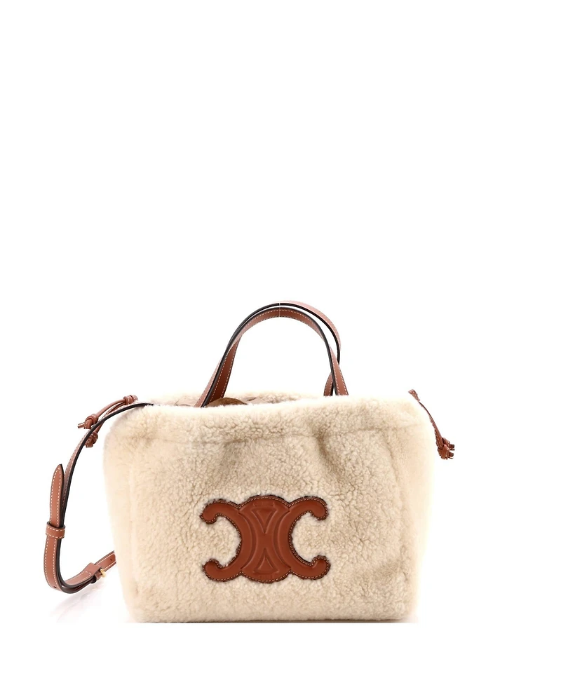 Pre-Owned Celine Small Cuir Triomphe Cabas Drawstring Tote Shearling with Leather