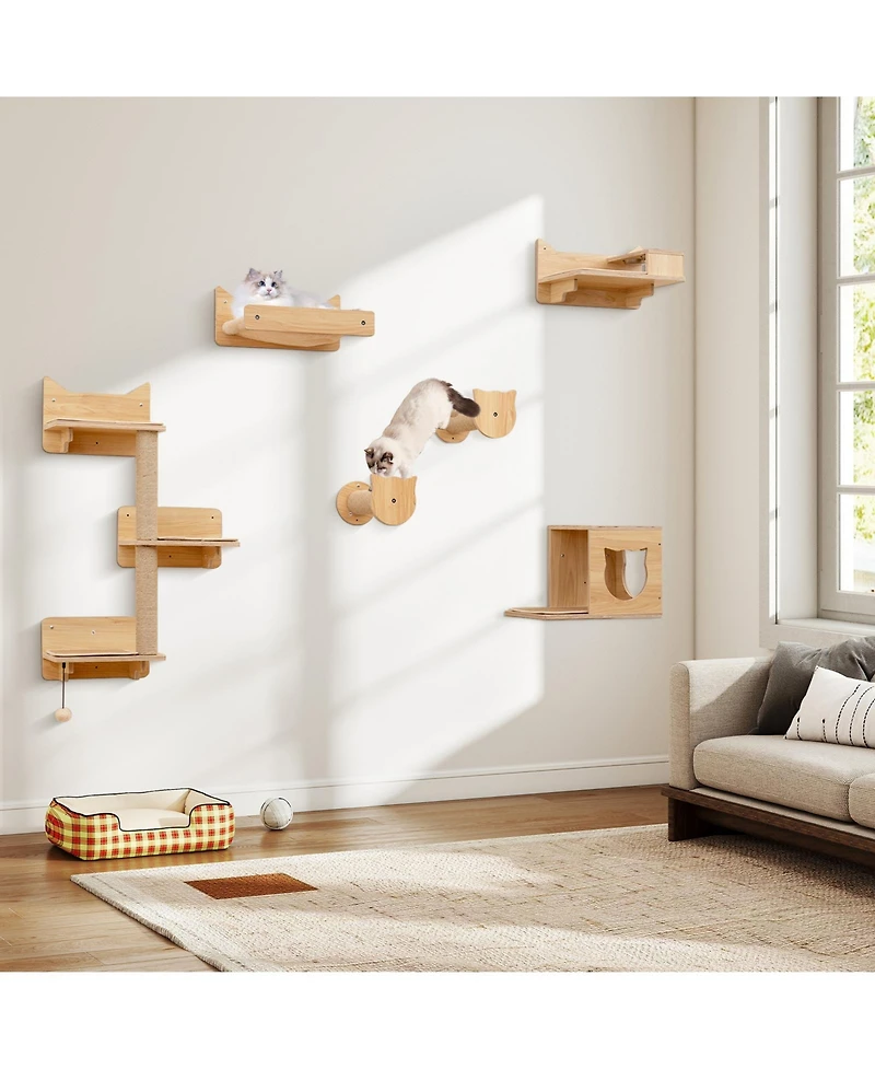 Cozito 6 Piece Cat Wall Furniture Set with Wall Mounted Shelves and Bowls
