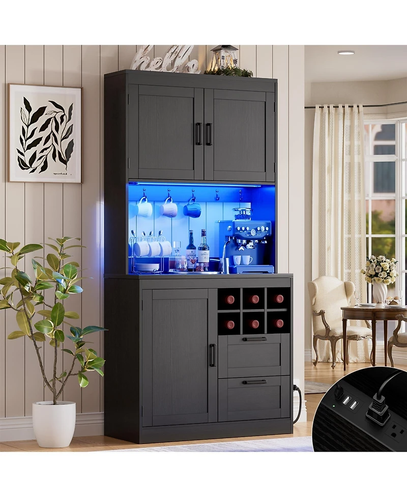 Aheaplus 31.5-Inch Kitchen Pantry with Charging Station, Coffee Wine Bar Cabinet