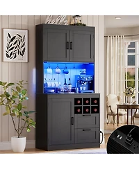Aheaplus 31.5-Inch Kitchen Pantry with Charging Station, Coffee Wine Bar Cabinet