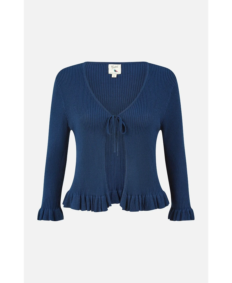 Yumi Women's Tie Up Ribbed Frill Hem Cardigan