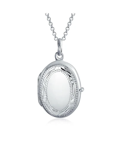 Bling Jewelry Sterling Silver Oval Photo Locket Necklace with Etched Leaf Scroll Design Holds Two Memory Pictures