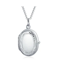 Bling Jewelry Sterling Silver Oval Photo Locket Necklace with Etched Leaf Scroll Design Holds Two Memory Pictures