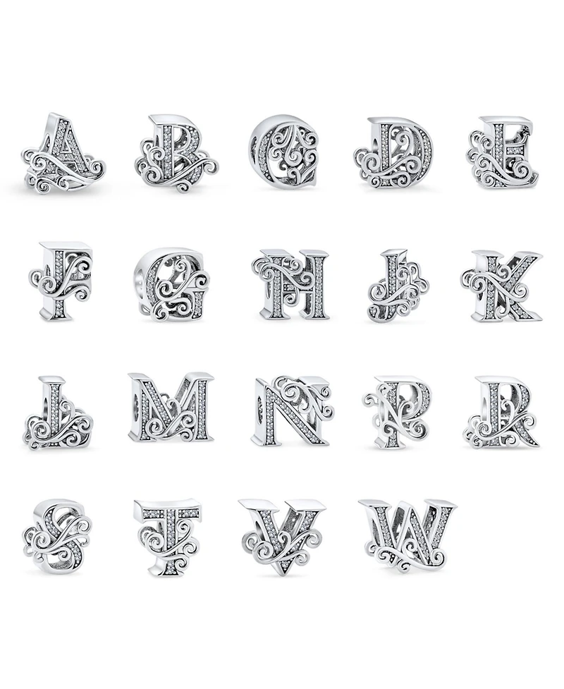 Bling Jewelry Initial Alphabet Bead Charm Fancy Scroll Cz Block Letter W for Bracelet .925 Sterling Silver