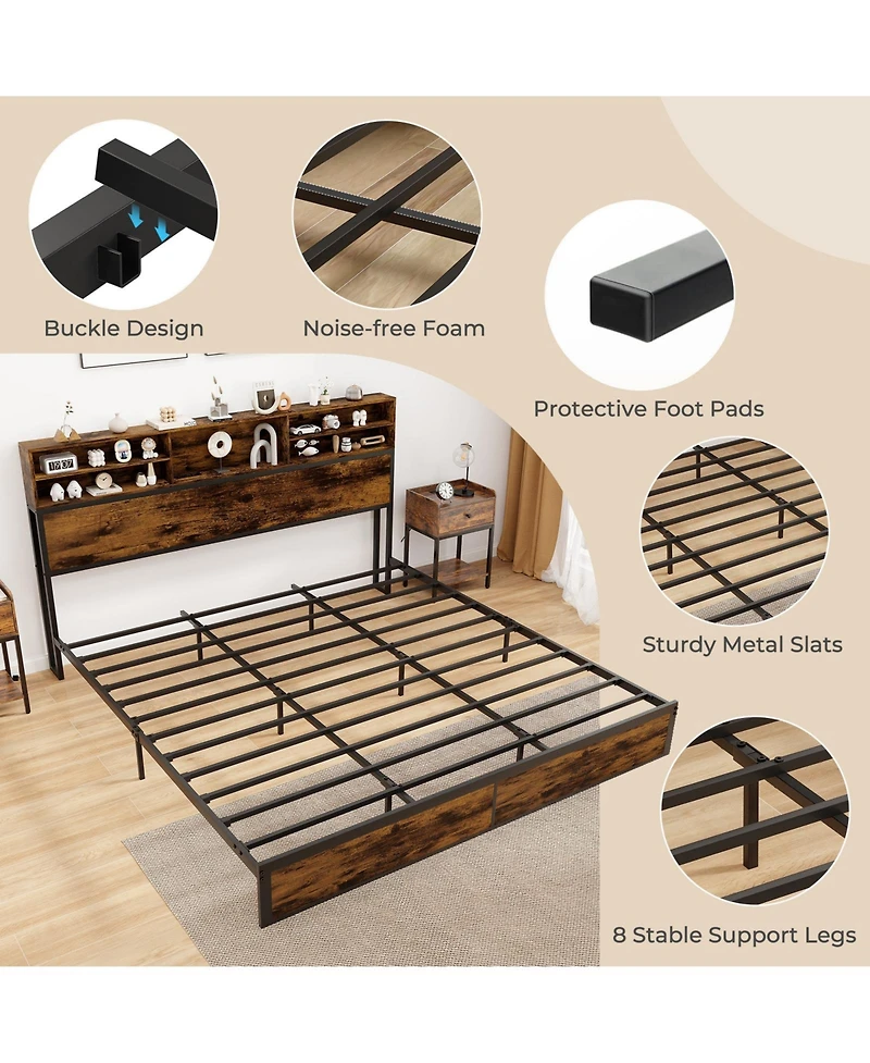 Slickblue Modern Metal Platform Bed with Storage Headboard for Bedroom