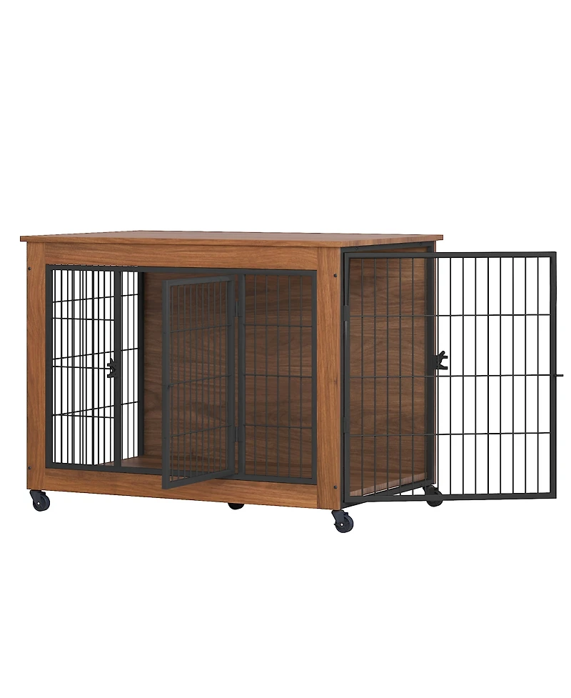 Streamdale Furniture 38.6" Wooden Dog Crate Furniture with Wheels and Double Doors