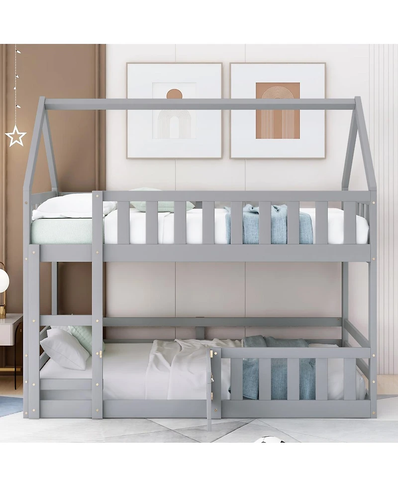 Streamdale Furniture Twin over Twin House Bunk Bed with Fence and Door