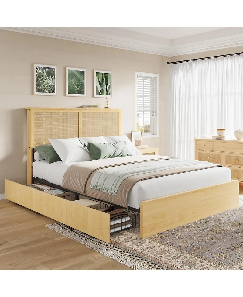 gaomon square rattan bed frame with 4 storage drawers, bohemian-style Led bed, natural headboard, slatted support, no spring mattress required