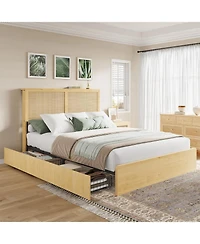 gaomon square rattan bed frame with 4 storage drawers, bohemian-style Led bed, natural headboard, slatted support, no spring mattress required