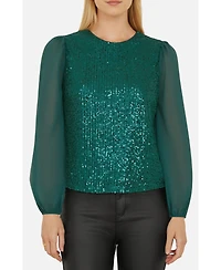 Yumi Women's Sheer Sleeve Sequin Top
