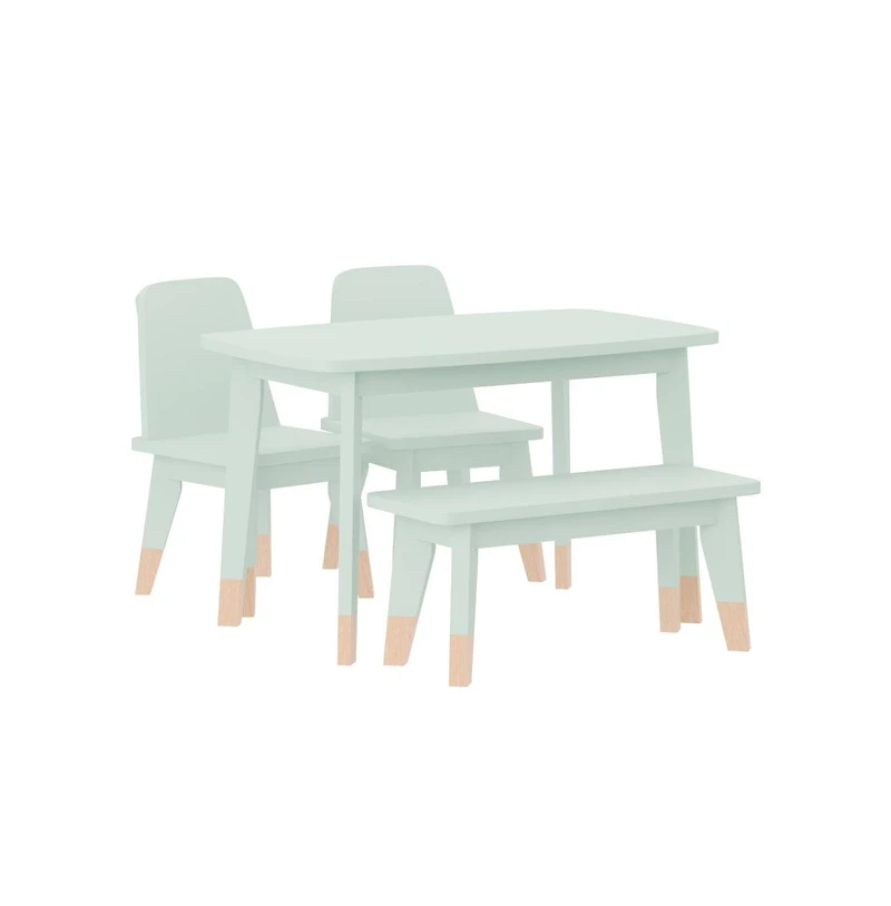 Buzz & Bloom Kids 4-Piece Wood Table, 2 Chairs, and Bench Seating Set with Rounded Corners