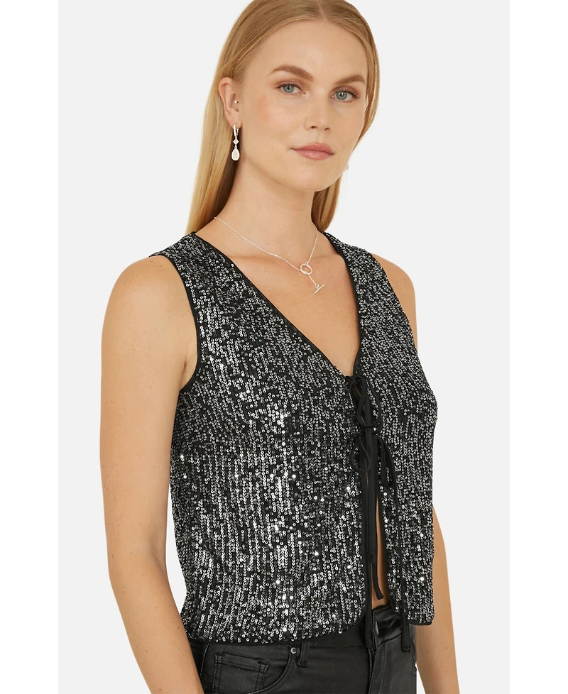 Yumi Women's Sequin Tie Front Waistcoat Top