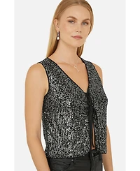 Yumi Women's Sequin Tie Front Waistcoat Top