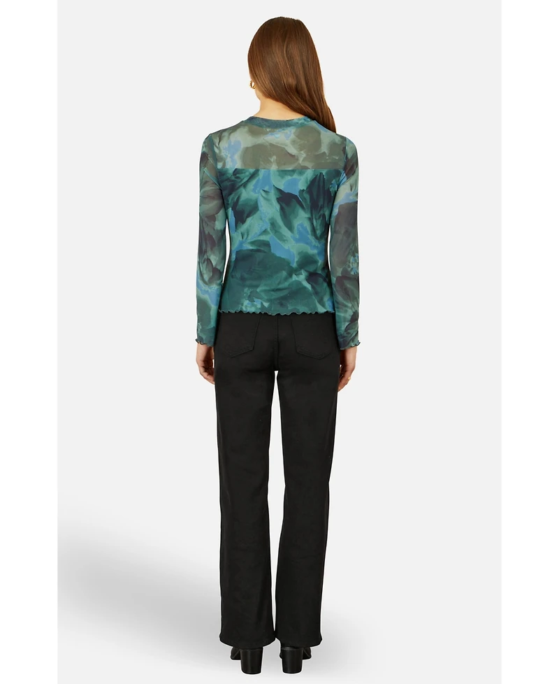 Yumi Women's Long Sleeve Floral Mesh Top