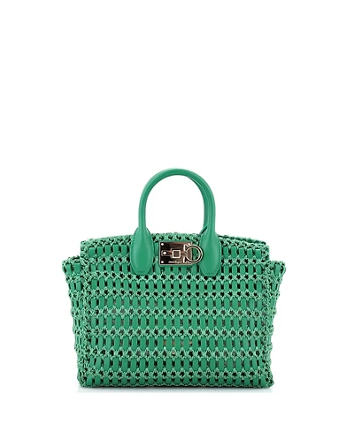 Pre-Owned Salvatore Ferragamo Medium Studio Box Satchel Woven Leather with Raffia