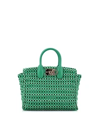 Pre-Owned Salvatore Ferragamo Medium Studio Box Satchel Woven Leather with Raffia