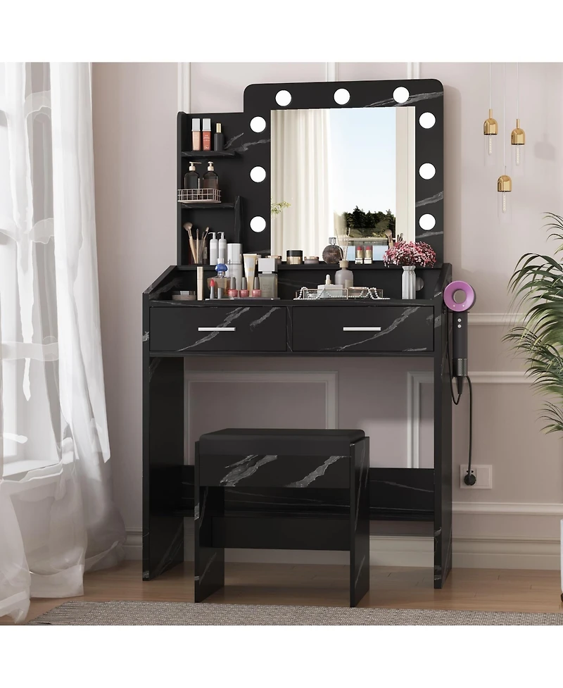 gaomon Vanity Desk with Mirror and Lights, Makeup Power Outlet, 3 Lighting Modes Adjustable Brightness
