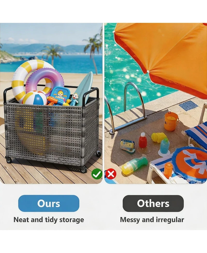 gaomon Poolside Rattan Storage Organizer, Outdoor Storage Bin, Pool Float Storage Holder with Mesh Rolling for Pool Noodles, Toys, Floats, Balls