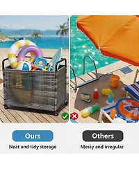 gaomon Poolside Rattan Storage Organizer, Outdoor Storage Bin, Pool Float Storage Holder with Mesh Rolling for Pool Noodles, Toys, Floats, Balls