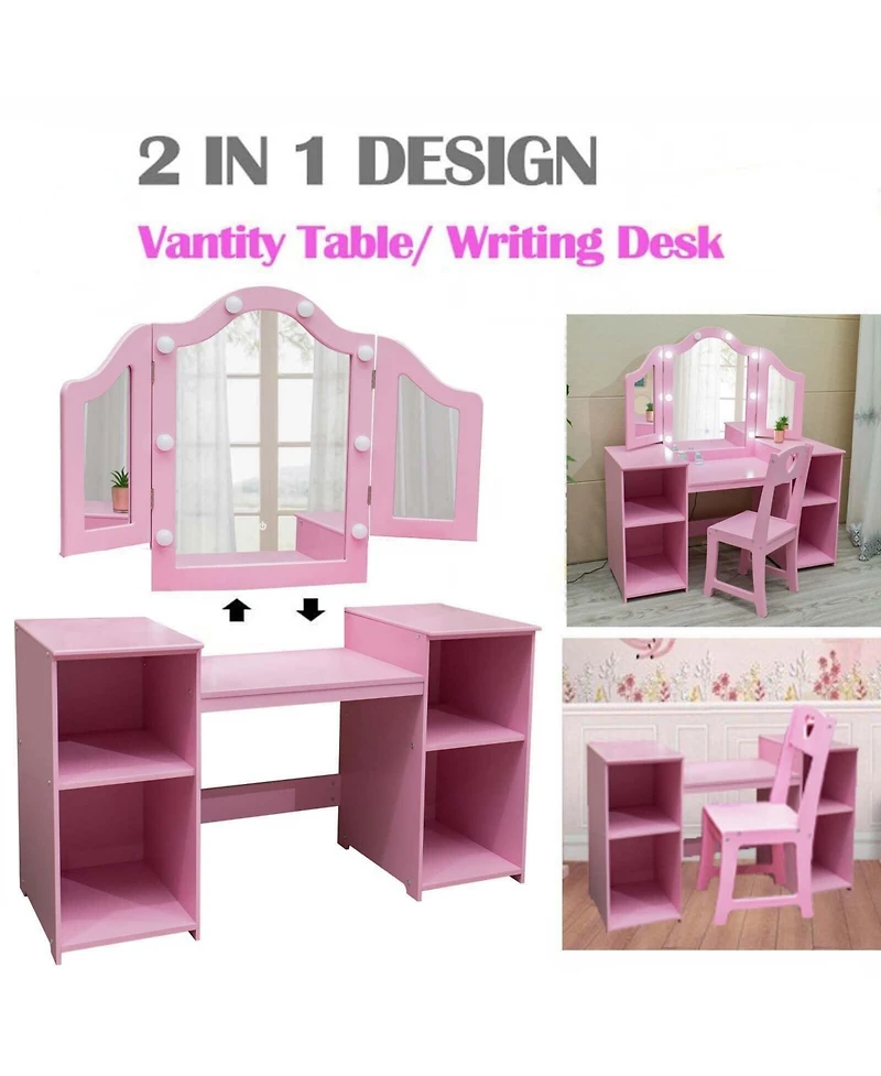 gaomon Princess Vanity Table and Chair Set for Girls, Tri-Folding Mirror with Touch Light, Convertible Desk Storage