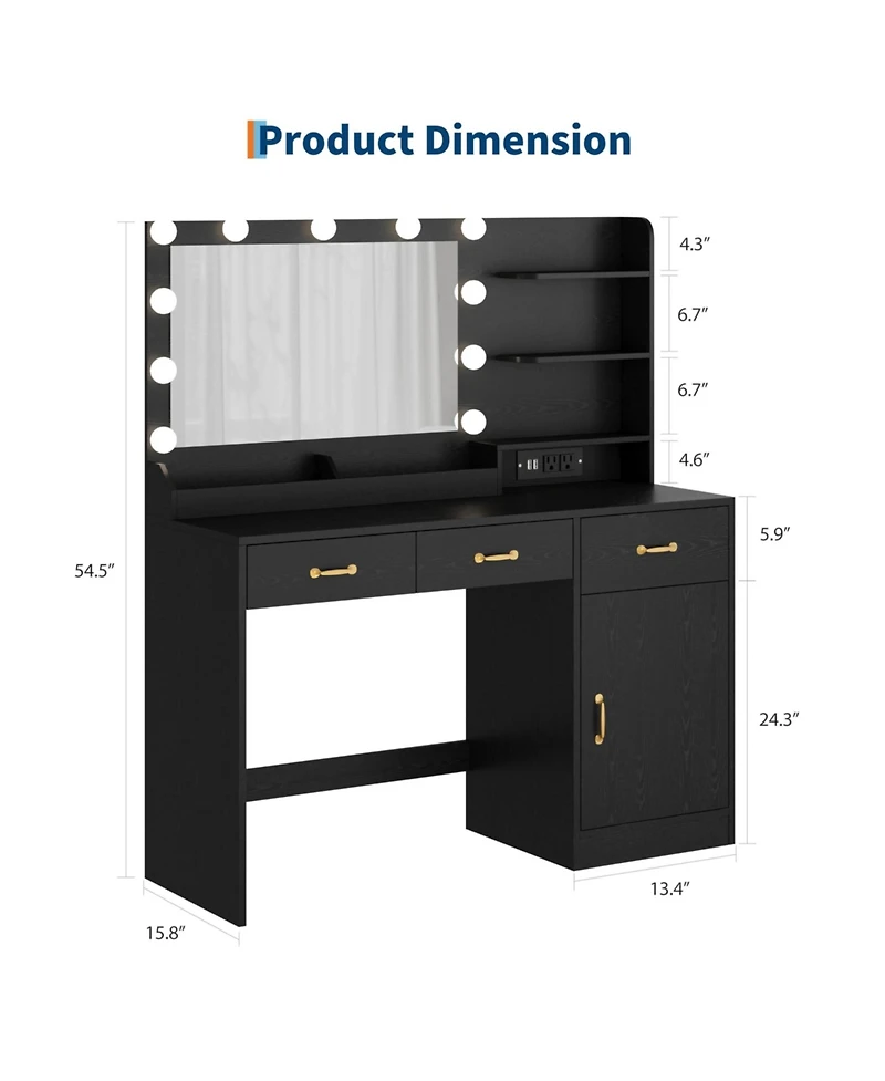 gaomon Vanity Desk with Lighted Mirror and Charging Station, Wooden Makeup Vanity Table with 11 Dimmable Bulbs, 3 Drawers, Cabinet, Open Shelves