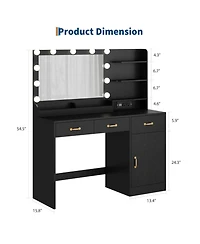 gaomon Vanity Desk with Lighted Mirror and Charging Station, Wooden Makeup Vanity Table with 11 Dimmable Bulbs, 3 Drawers, Cabinet, Open Shelves
