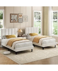 homfan 2 Set of Twin Size Velvet Upholstered Platform Bed Frame with Adjustable Tufted Headboard, No Box Spring Needed