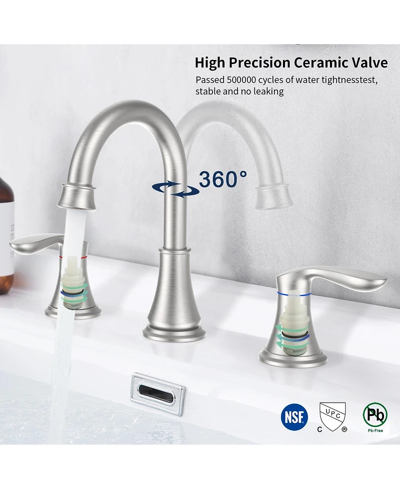 Phying 2-Handle 8 inch Widespread Bathroom Sink Faucet Brushed Nickel Lavatory Faucet 3 Hole 360degree(s) Swivel Spout Vanity Sink Basin Faucets