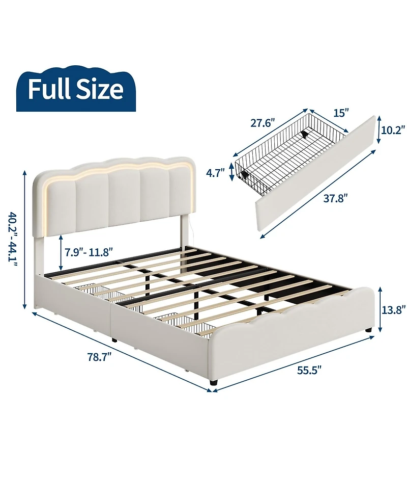 homfan Bed Frame with 2 Storage Drawers, Led Lights, Upholstered Bed with Adjustable Headboard, Wood Slats, No Box Spring