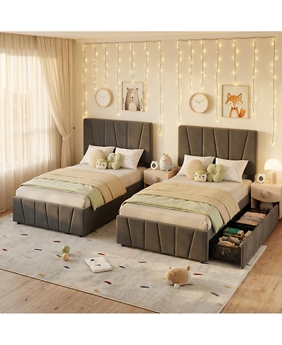 homfan 2 Sets Bed Frame with Adjustable Headboard and Storage Drawers, Upholstered Platform Bed, Wooden Slats Support, Noise Free