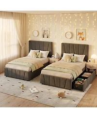 homfan 2 Sets Bed Frame with Adjustable Headboard and Storage Drawers, Upholstered Platform Bed, Wooden Slats Support, Noise Free