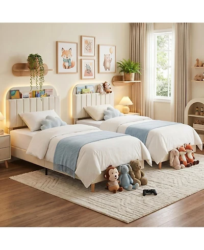 homfan 2Piece Twin Bed Frames, Platform Bed with Bookcase Headboard, Velvet Mattress Foundation, Heavy Duty Steel Legs, Easy Assembly