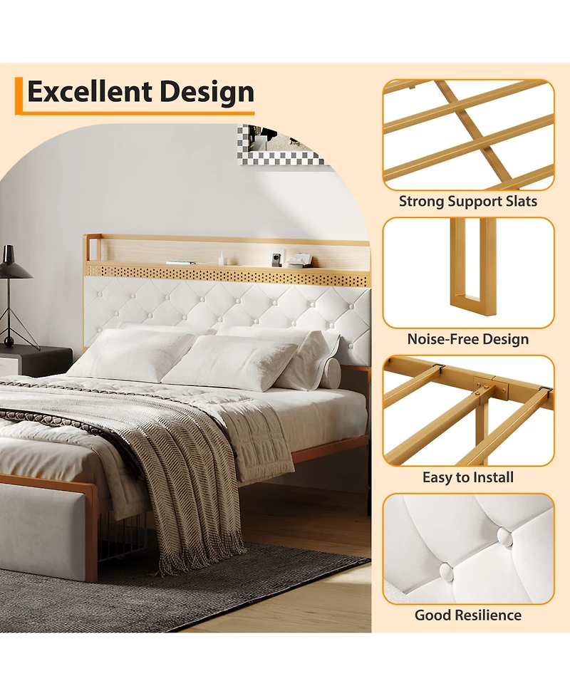 homfan Platform Bed Frame for Kids with Headboard, 2 Storage Drawers, Led Lighting, Usb Ports and Power Outlets, Silent, No Box Spring Needed